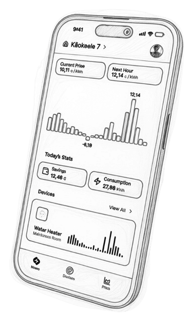 Hand-drawn sketch of a phone running the Volton Home app