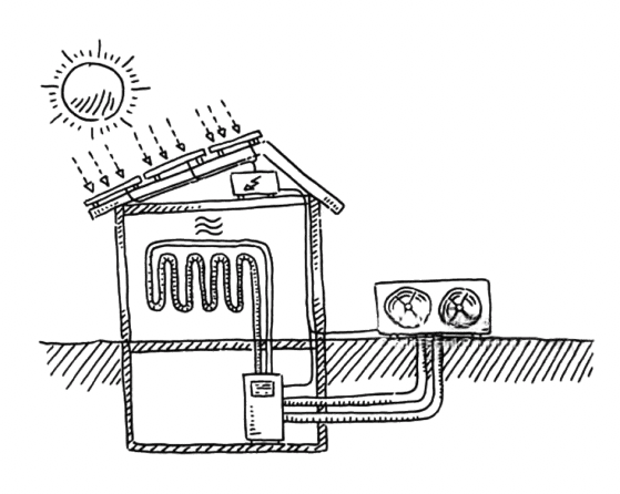 Hand-drawn sketch of a house with solar panels, boiler and heat pump