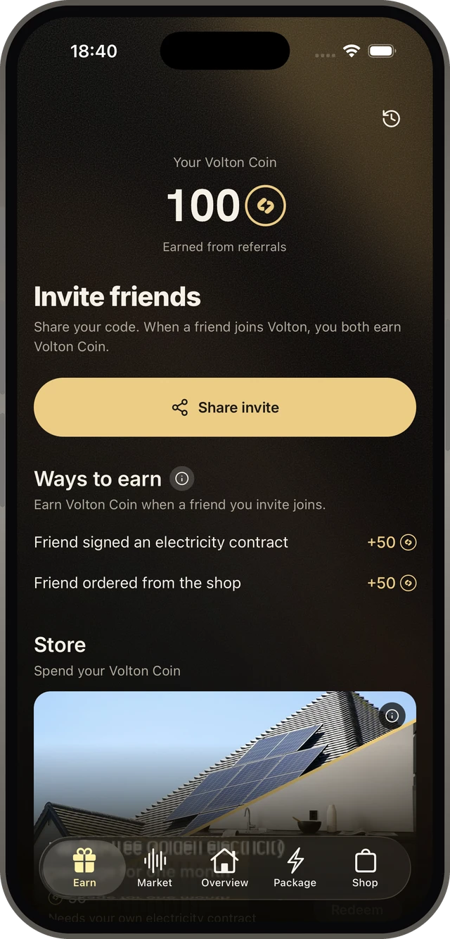 The Volton Home app’s Earn tab: coin balance, the Share invite button and what each referral earns.