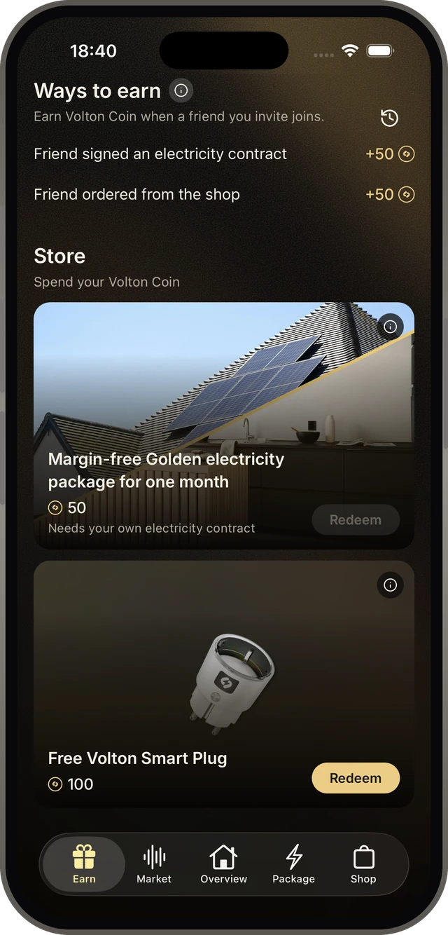 The app’s reward shop: a margin-free month for 50 coins and a free smart plug for 100.